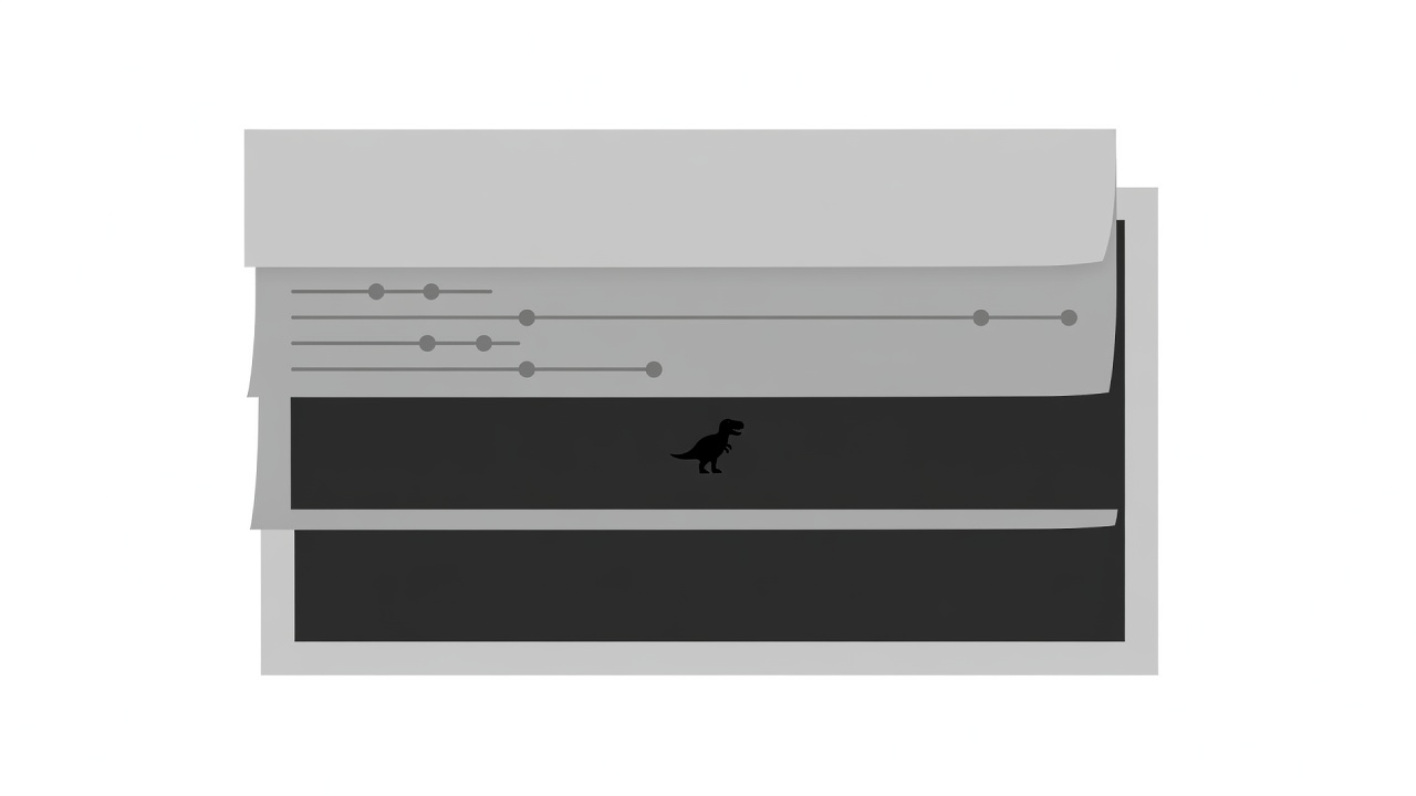 Flat vector of a browser window peeled back in three layers, revealing settings sliders and a small dinosaur silhouette