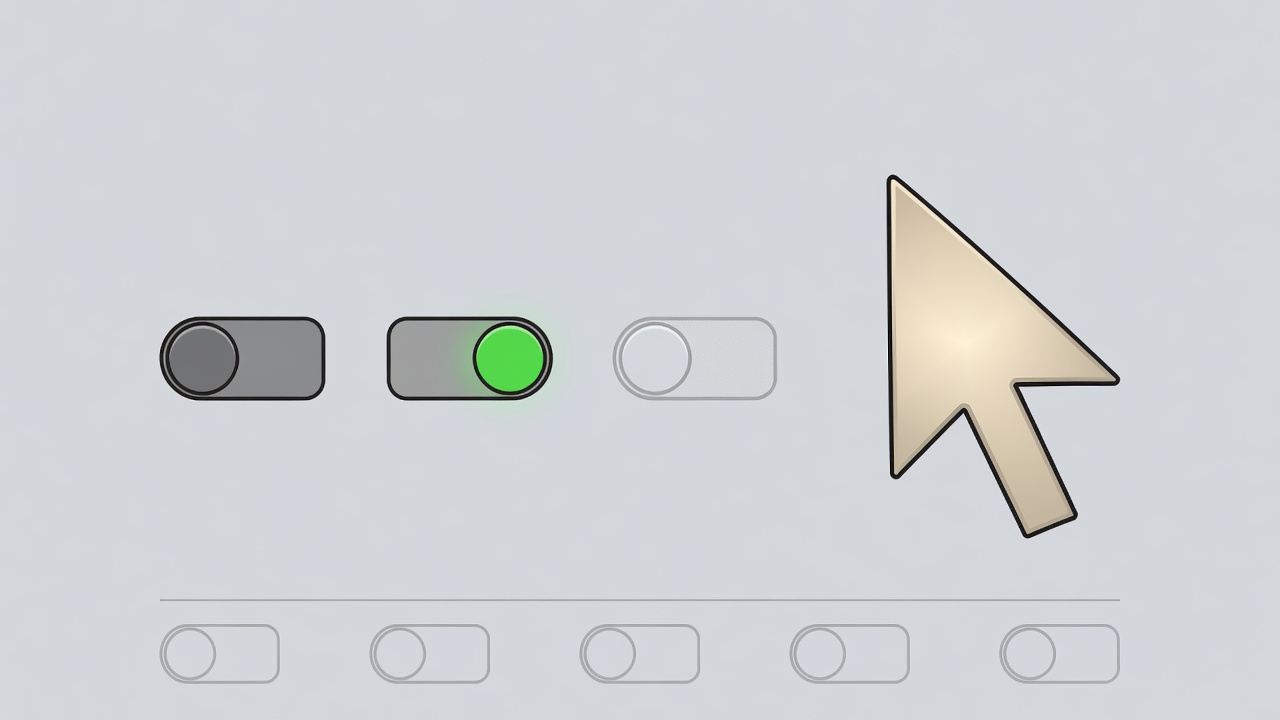 Flat vector of three toggle switches in off, on and disabled states beside an enlarged champagne cursor
